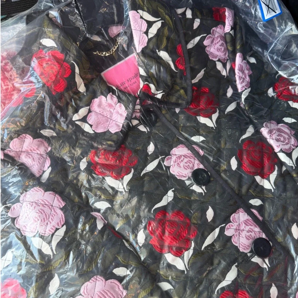 Kate Spade New York Sz XL Quilted Floral Rose Jacket Coat Black Pink Red